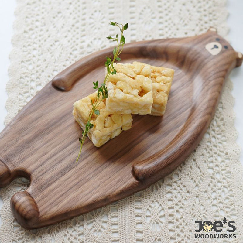 Walnut bear tray used as dessert plate with crispy snacks