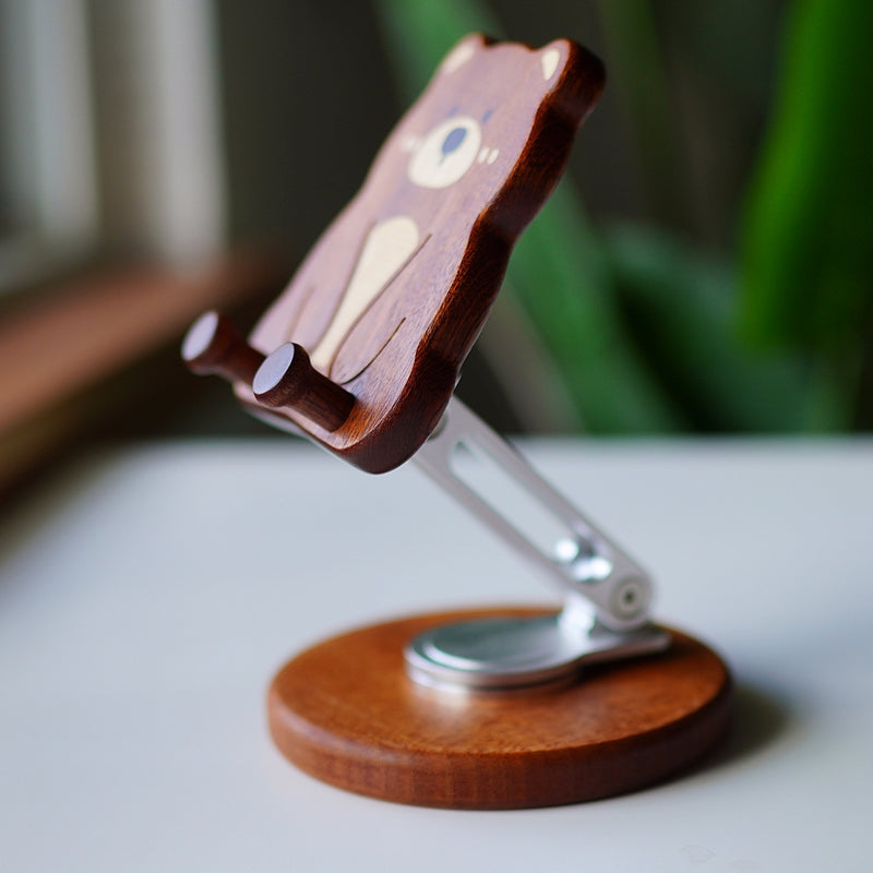 Wooden bear phone stand tilted angle with adjustable base