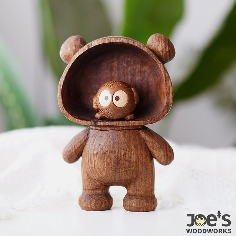 Wooden bear scoop with tiny owl figure sitting inside – charming gift decor