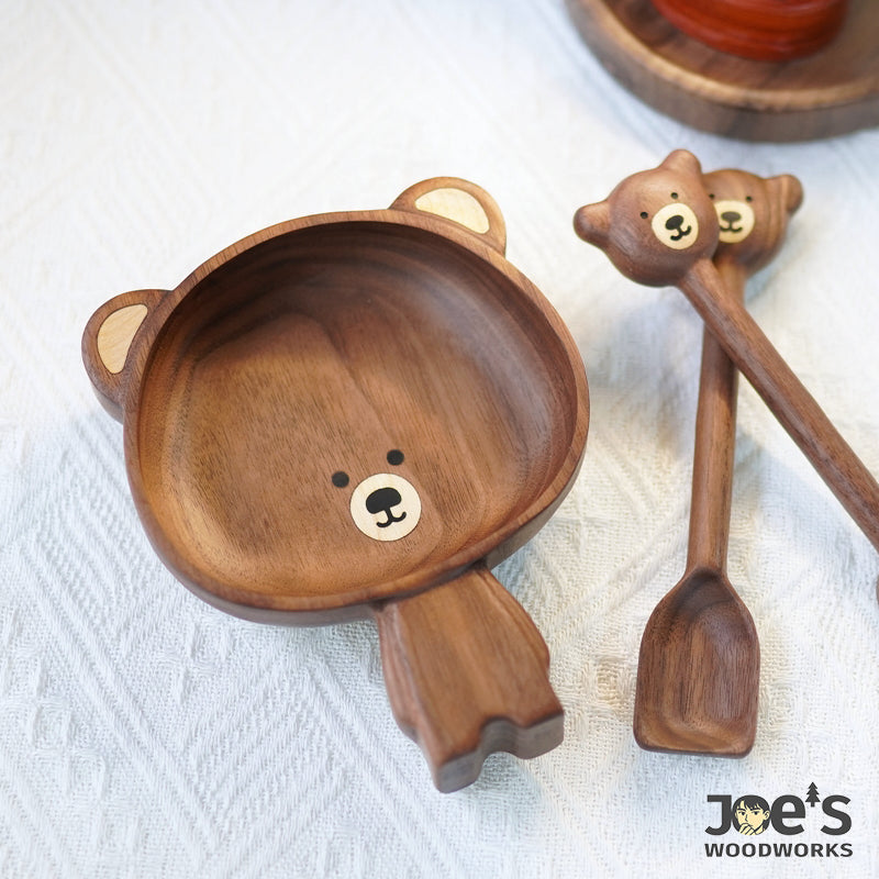 Wooden bear tray paired with matching bear spoons, perfect for cute table settings