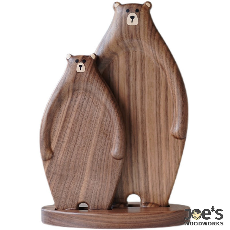 Hand-carved walnut bear trays on display stand – cute wooden decor