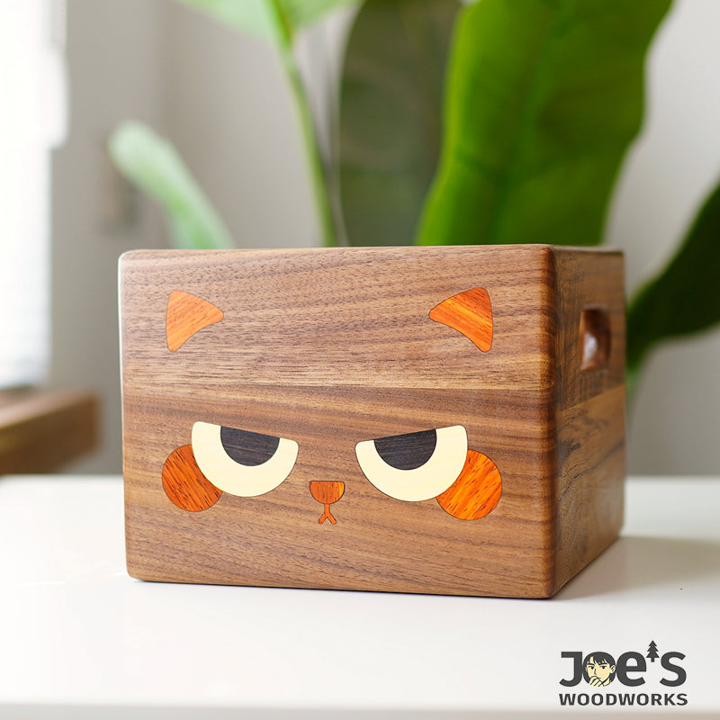 Cute cat walnut tissue box with cartoon face – Joe’s Woodworks branding