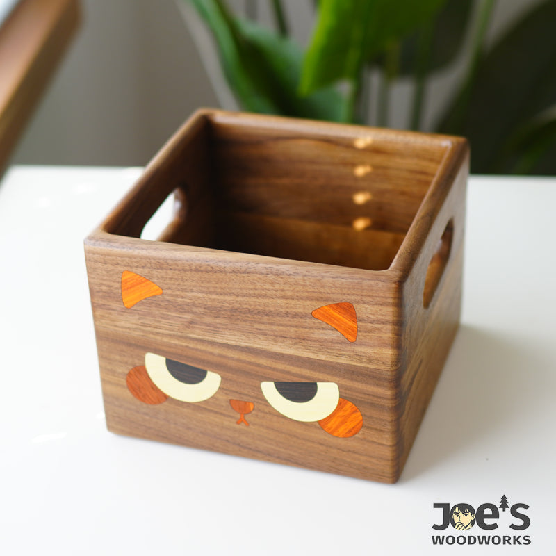 Open top view of cute cat face wooden storage box