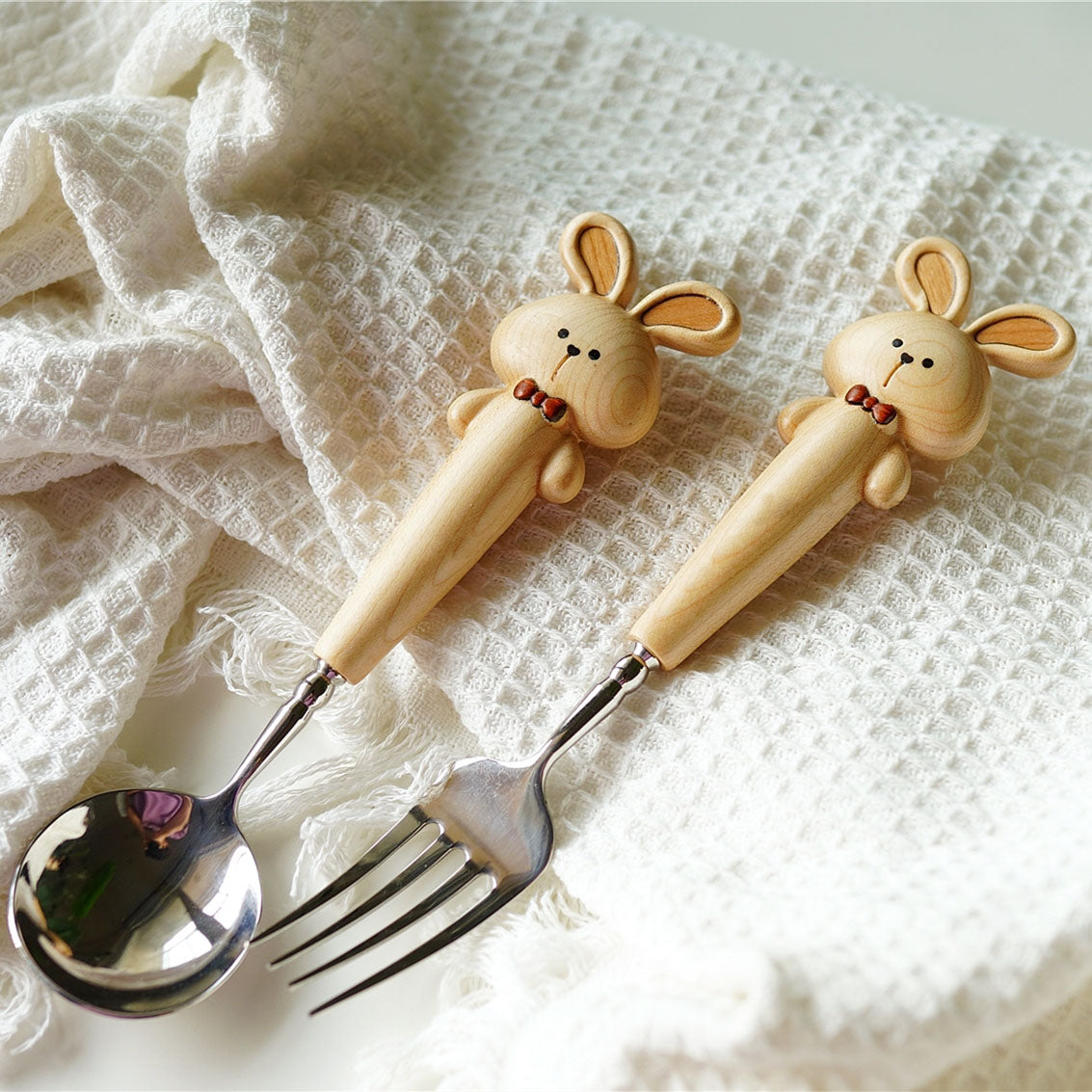 Creative animal wooden handle cutlery – bunny design spoon and fork set