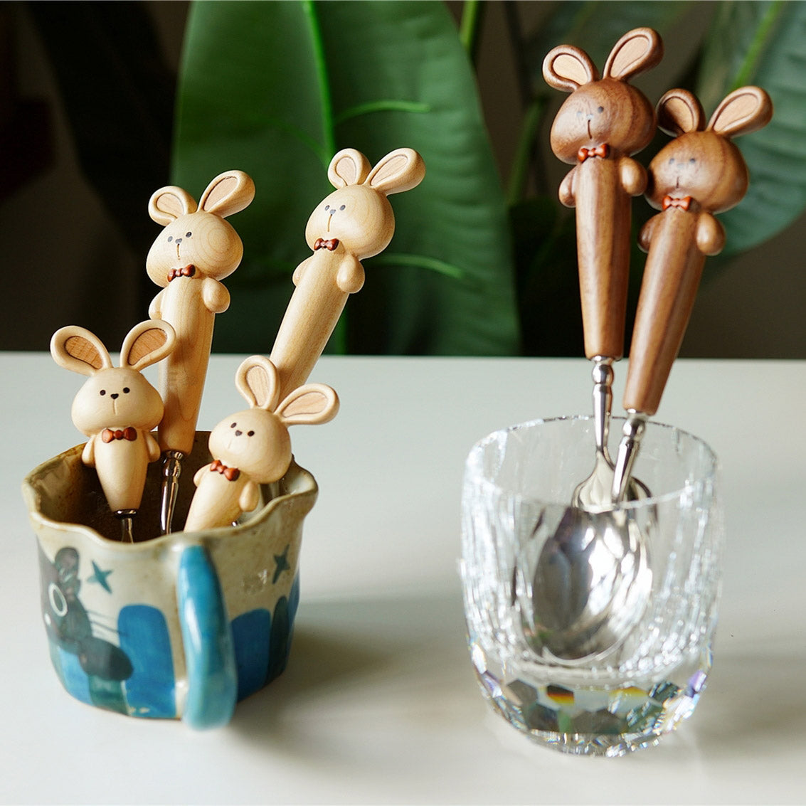 Cute wooden bunny cutlery – 316 stainless steel spoon & fork for kids