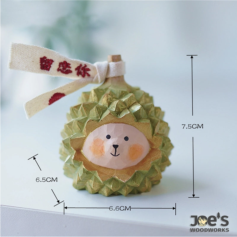 Size reference of hand-carved durian animal figurine (7.5cm height)