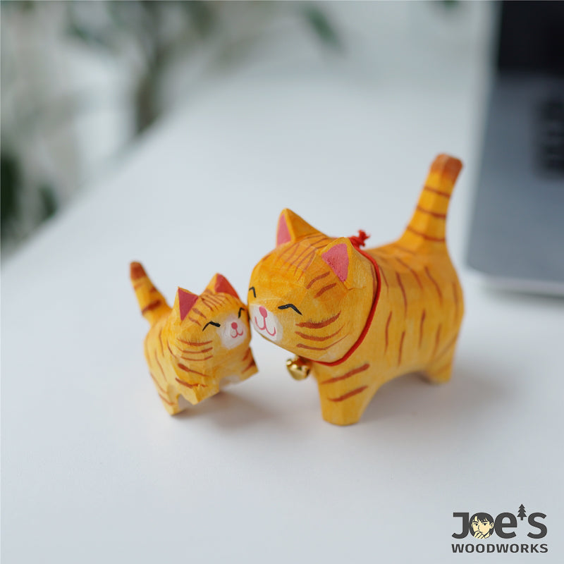 Handmade wooden cat decor gift set, featuring a large and small orange tabby cat