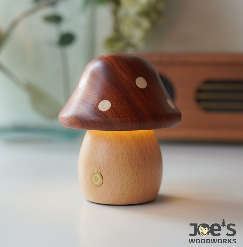 Joe’s Woodworks mini mushroom wooden night light with soft glow and touch control