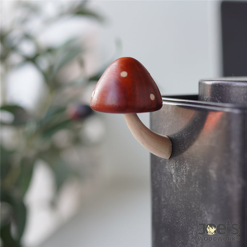 Handcrafted wooden mushroom fridge magnet in red toadstool shape by Joe’s Woodworks