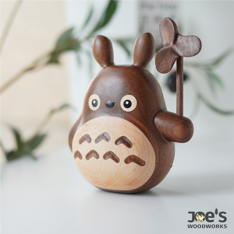 Joe’s Woodworks hand-carved wooden Totoro care cat figure with windmill, made of walnut and maple.