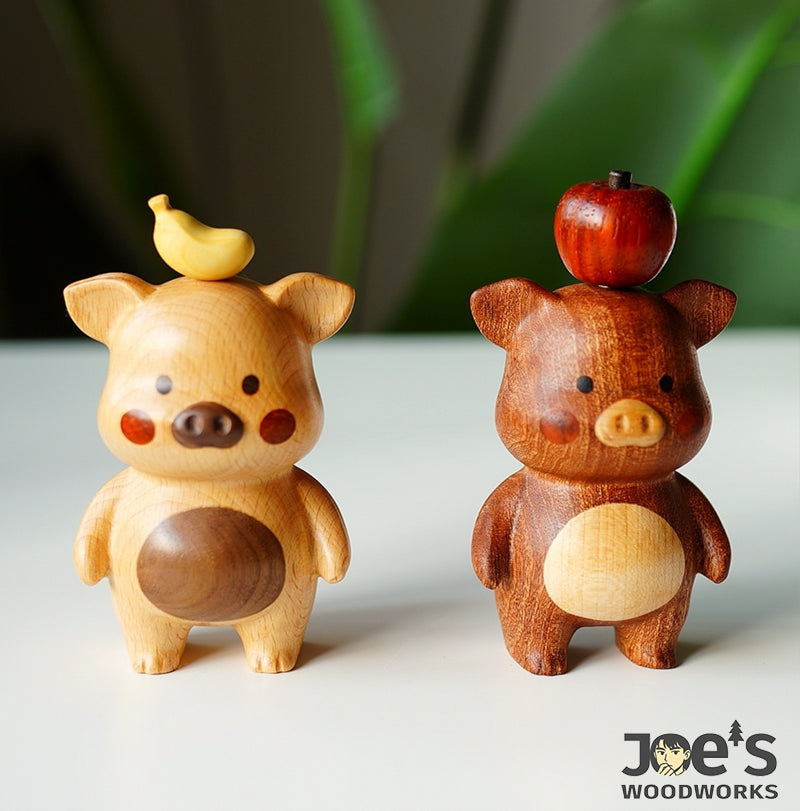 Wooden pig decor with banana and apple fruit tops, adorable animal wood figurines