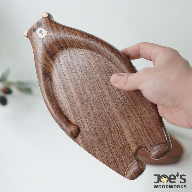 Hand-holding small bear tray carved from black walnut wood