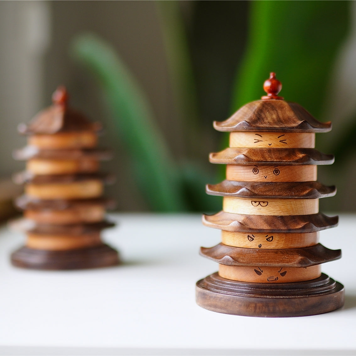 Oriental pagoda style wood coasters for tea and decor