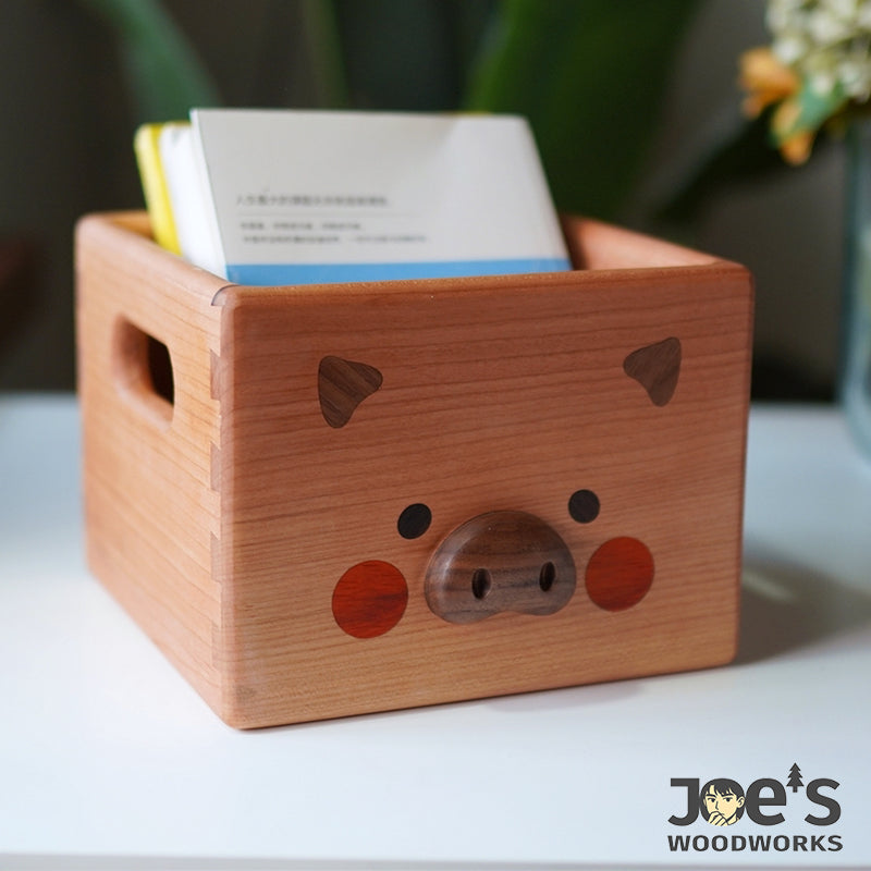 Close-up of the piglet face detail with natural wood inlays