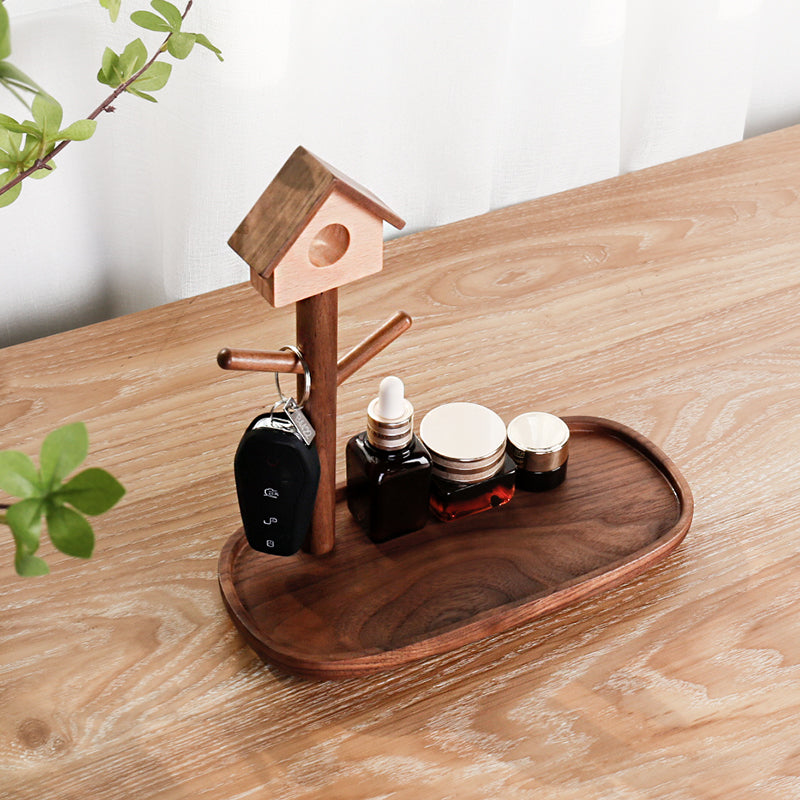 Nordic style walnut birdhouse organizer tray with cosmetics and accessories