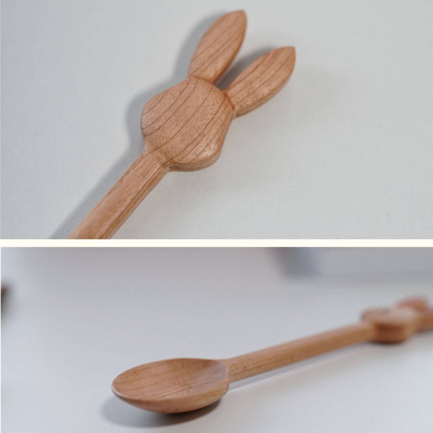 Pipimu Bunny Bella wooden spoon back view of bunny ears and side view of spoon bowl