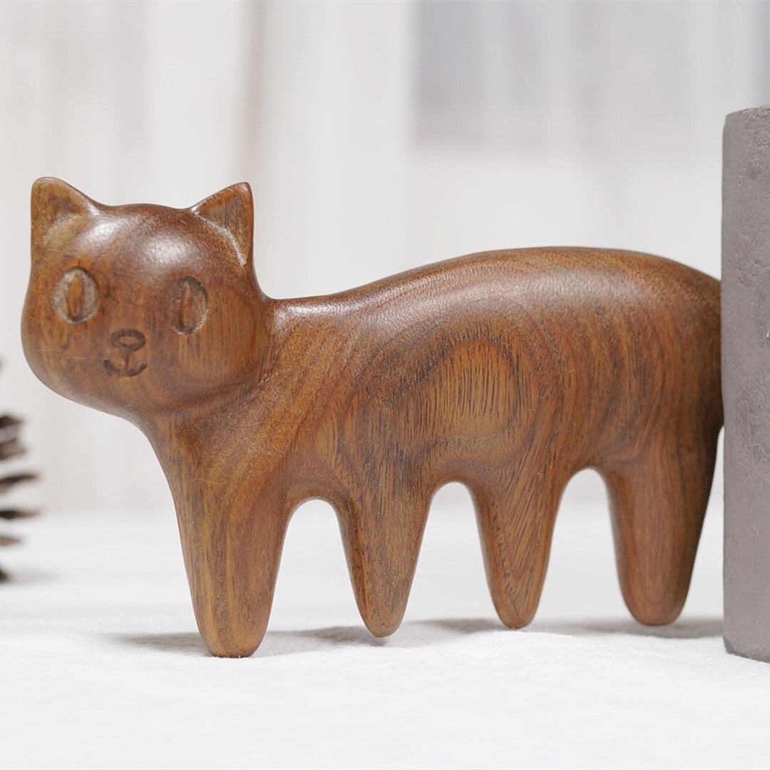 Ergonomic cat-shaped wooden scalp massager with smooth finish