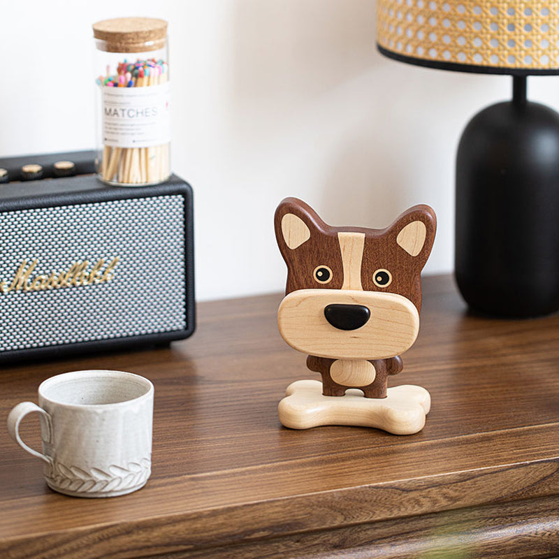Handcrafted Pipimu wood dog phone stand, minimalist and functional