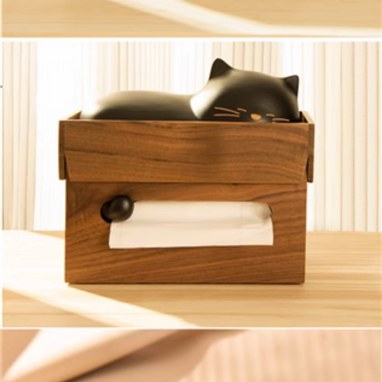 Pipimu Kitty Neko wooden cat tissue box with black cat variation