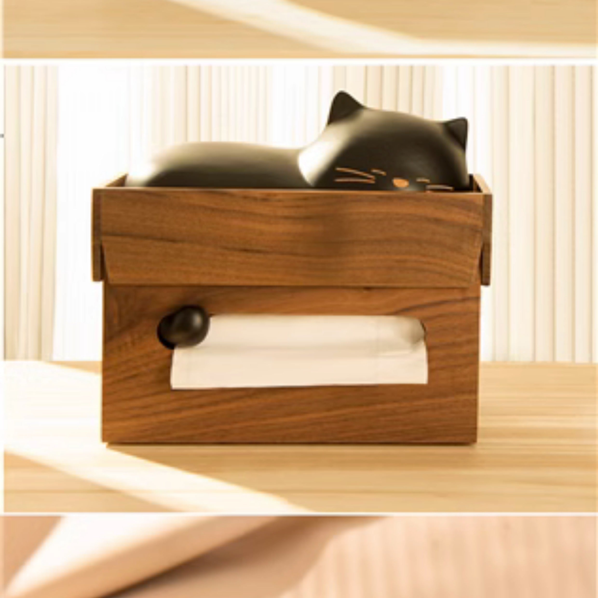 Pipimu Kitty Neko wooden cat tissue box with black cat variation