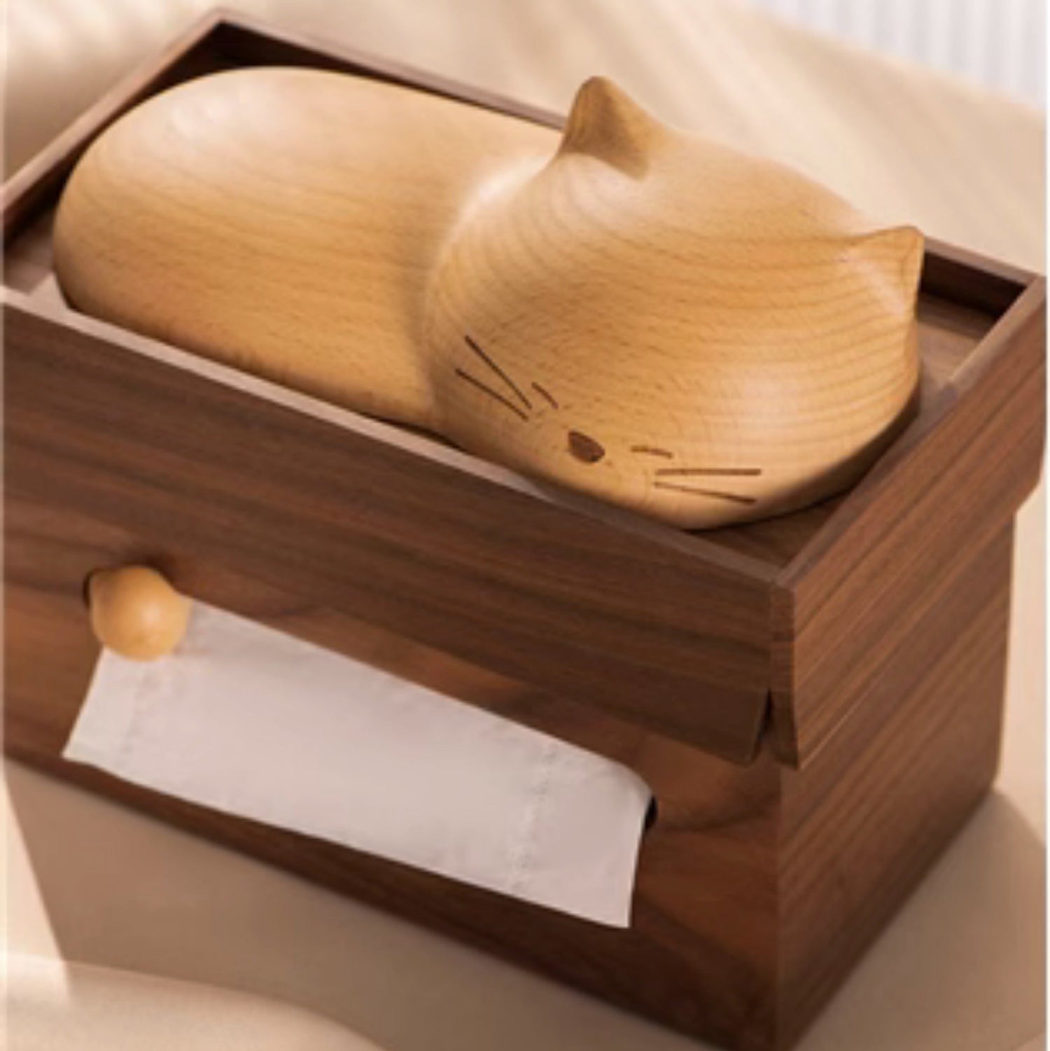 Side angle of Pipimu Kitty Neko wooden cat tissue box made from walnut and beech