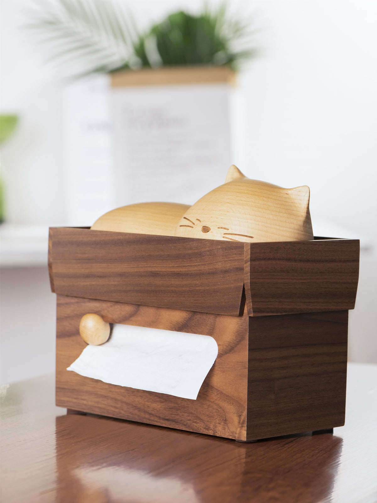 Top detail of Pipimu Kitty Neko tissue box with hand-carved sleeping cat lid