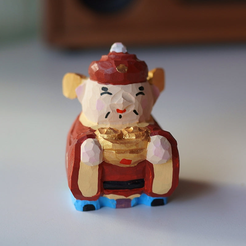 Pipimu Lucky God handmade wooden figurine close-up, wealth blessing sculpture