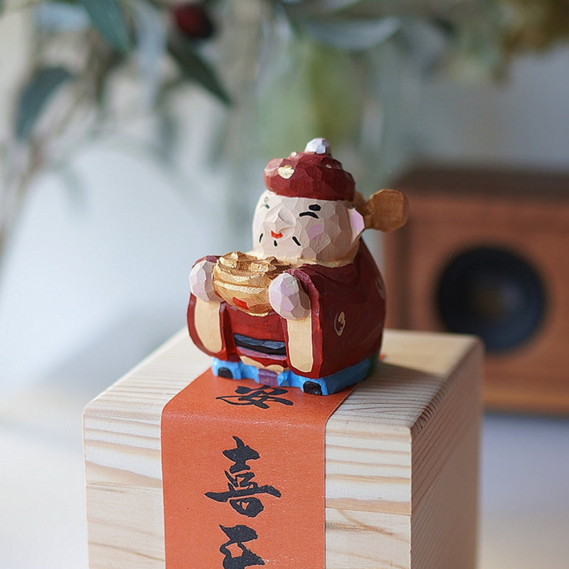 Pipimu Lucky God wood carving figurine on display box, cultural blessing decor