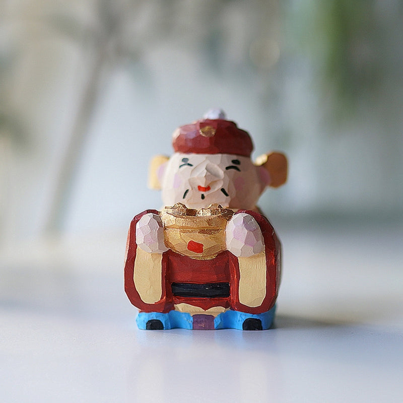 Pipimu Lucky God hand-carved wooden figurine straight front, red and gold good luck statue