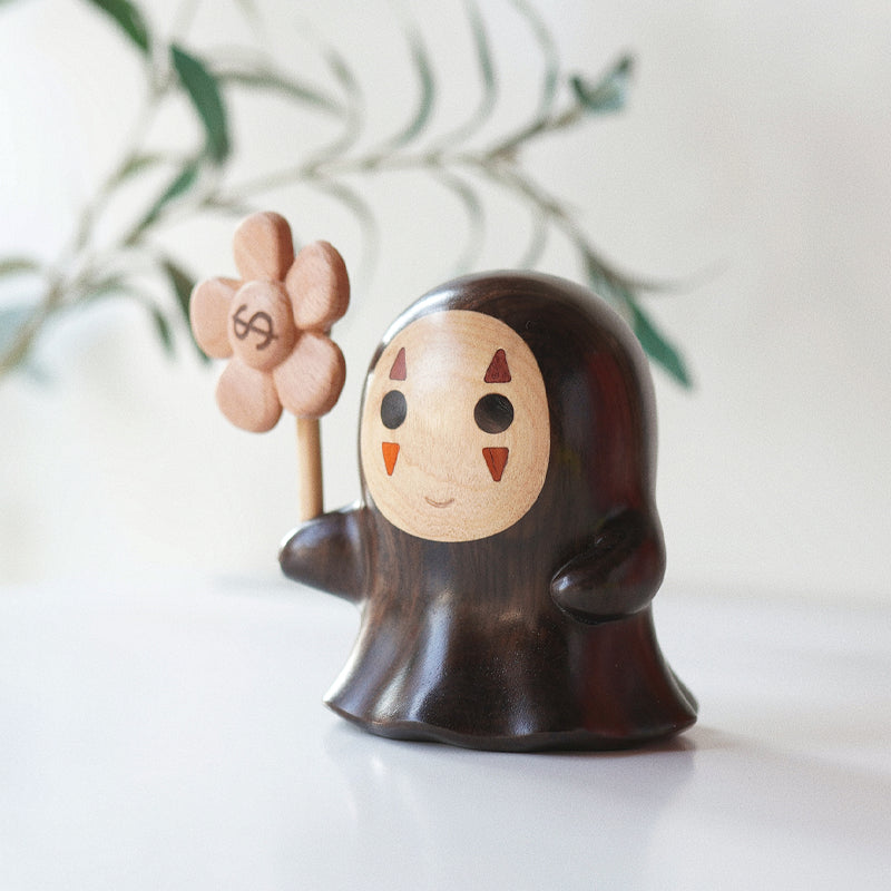 Mori wooden figurine – whimsical forest spirit desk decoration with flower pinwheel