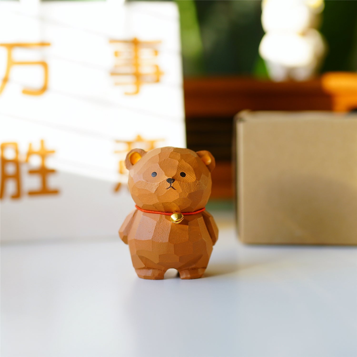 Pipimu Niko Bear brown wood figurine, cute healing bear ornament for car, office, or living room