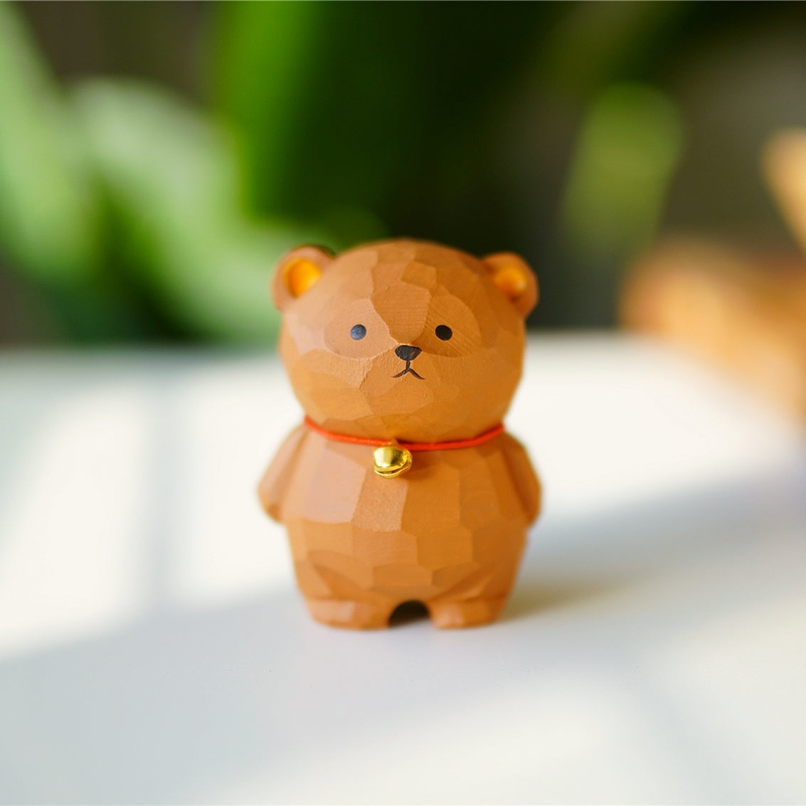 Pipimu Niko Bear brown wooden figurine, handmade maple wood carving with bell for home and office decor