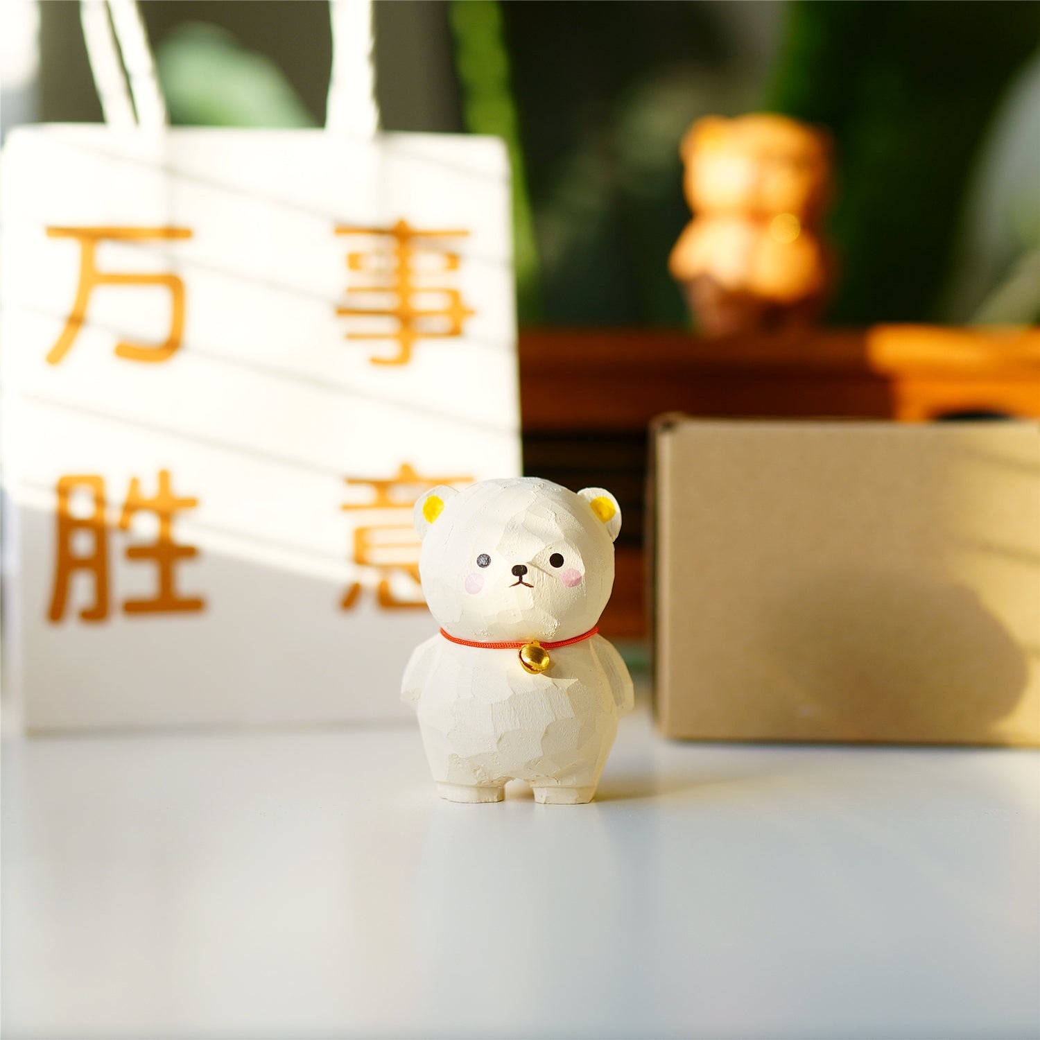 Pipimu Niko Bear white wooden figurine with bell, minimalist Japanese style desk and shelf decoration