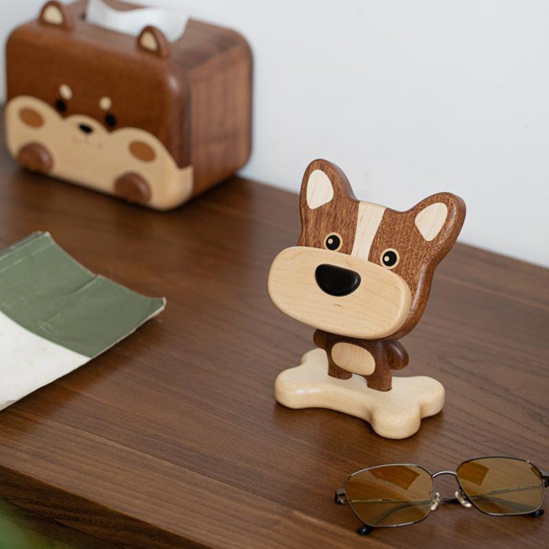 Side view of Pipimu wooden dog phone stand, handmade solid wood design