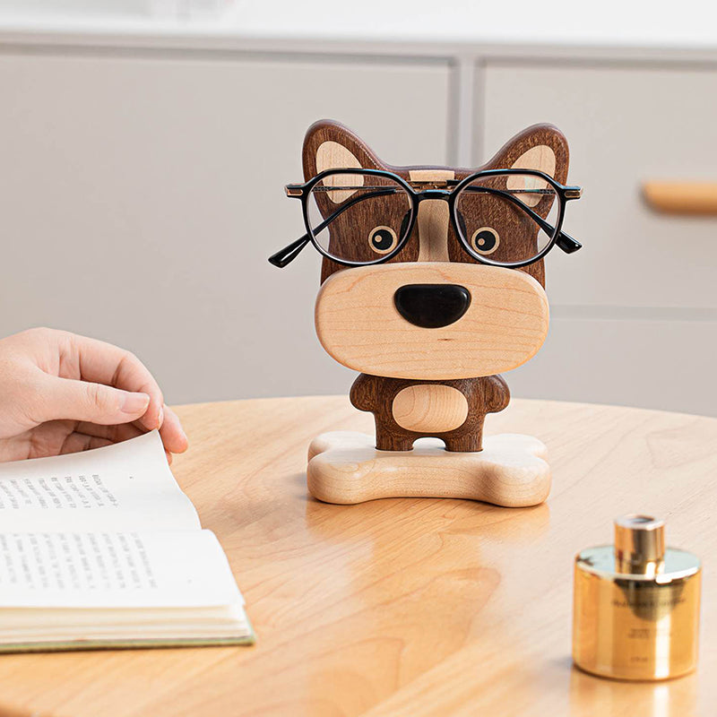 Pipimu wooden dog phone stand holding glasses on desk