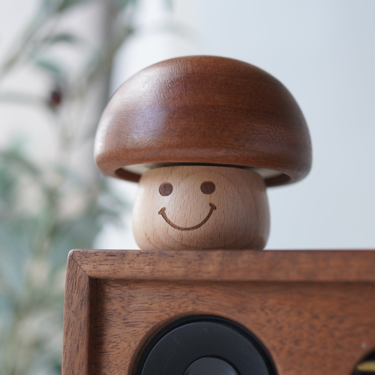 Side view of mushroom-shaped wooden music box on desk