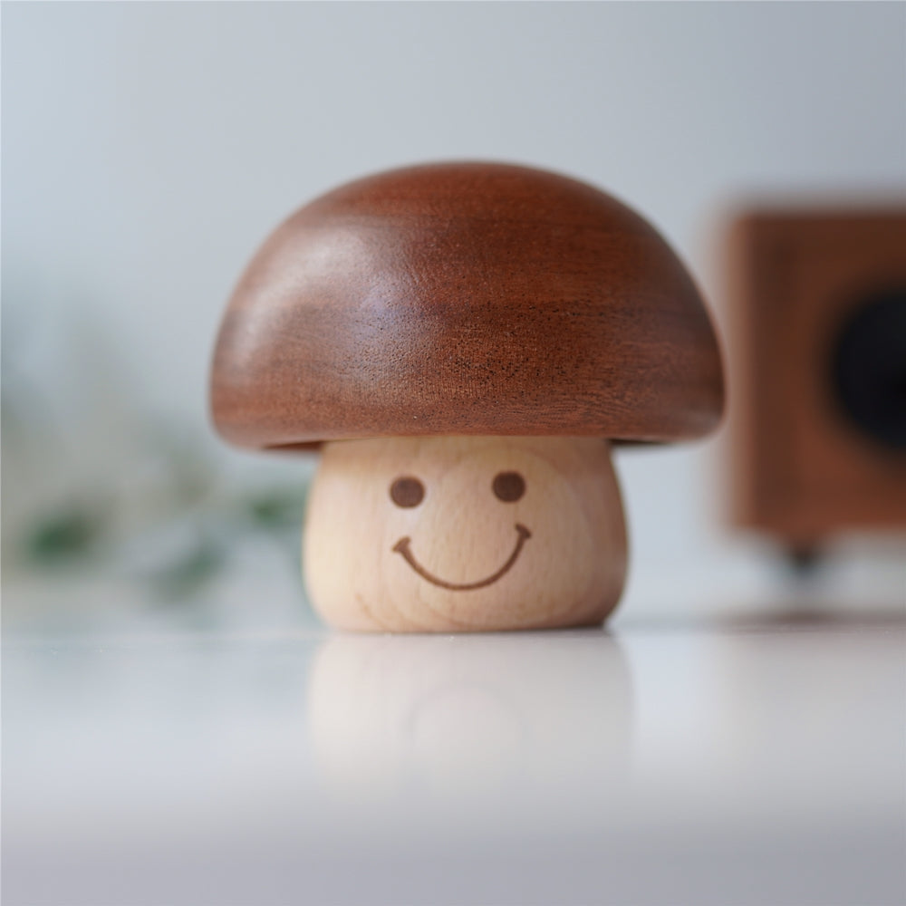 Smiling mushroom music box made of natural wood
