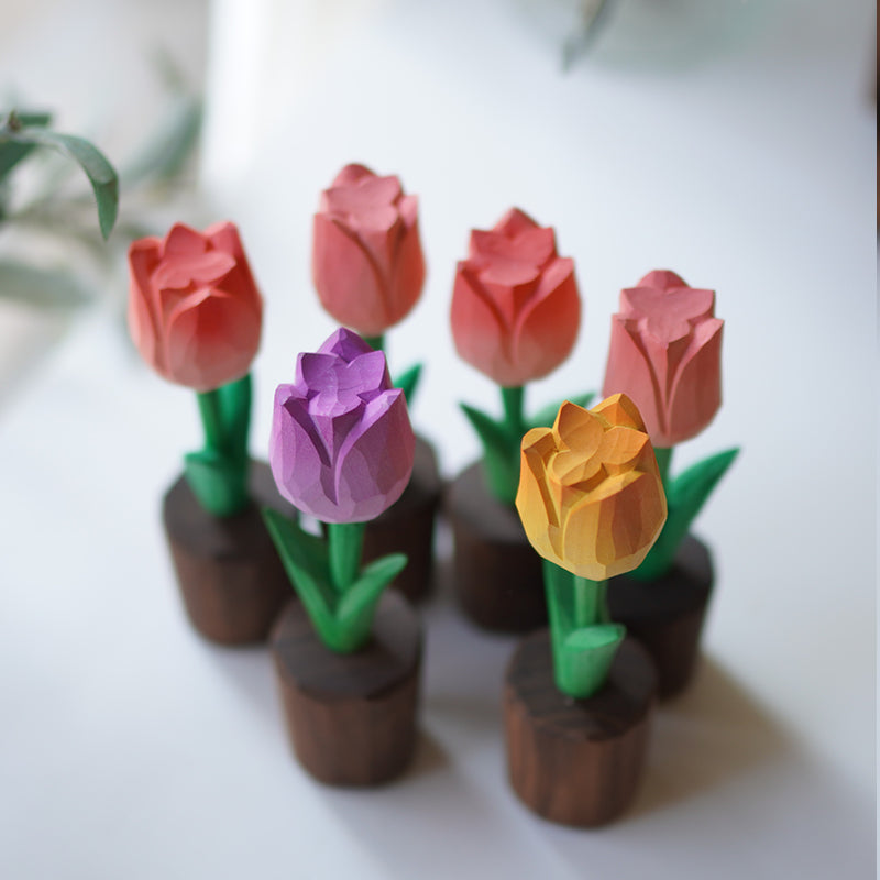 Wooden tulip figurines in pink, yellow, and purple, surprise blind box gift