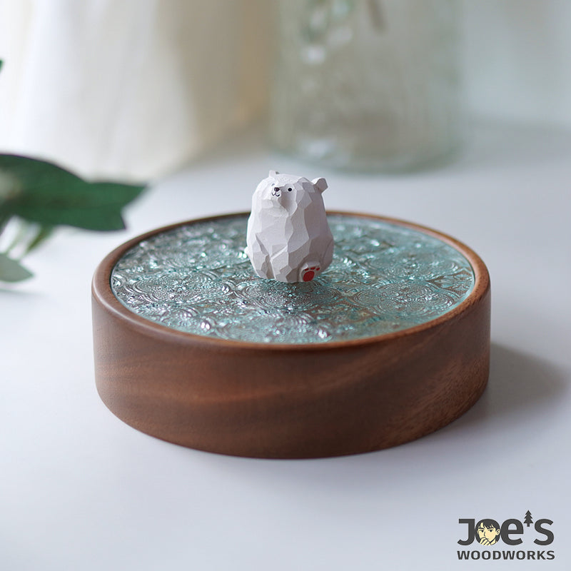 Handmade polar bear glass jar with walnut base – cute tabletop decor