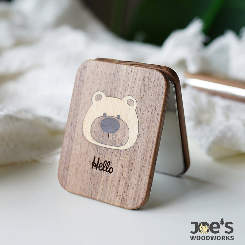 Wooden compact mirror standing upright ā Joeās Woodworks