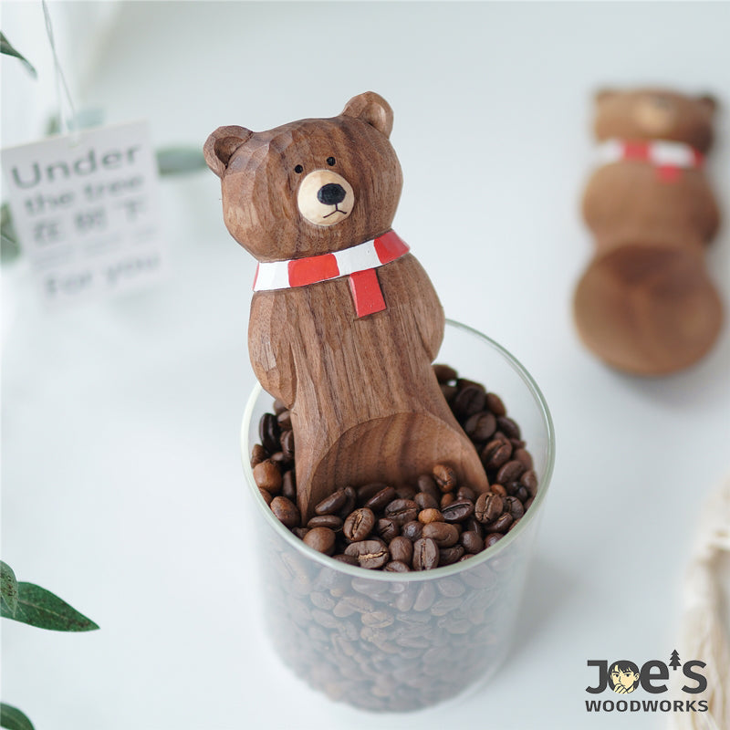 Hand-carved wooden bear coffee scoop with red scarf, by Joe&