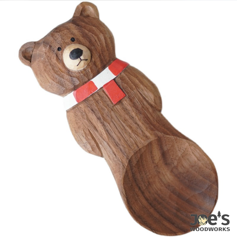 Full view of bear-shaped wooden coffee scoop on white background by Joe&