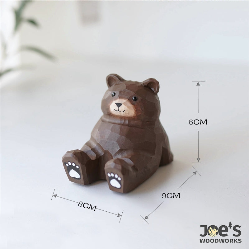 Size chart showing handmade wooden bear phone holder with height, width, and depth