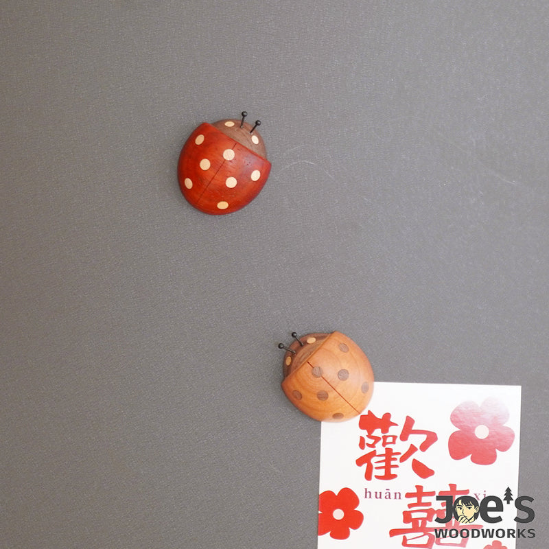 Pair of wooden ladybug magnets attached to metal fridge holding note