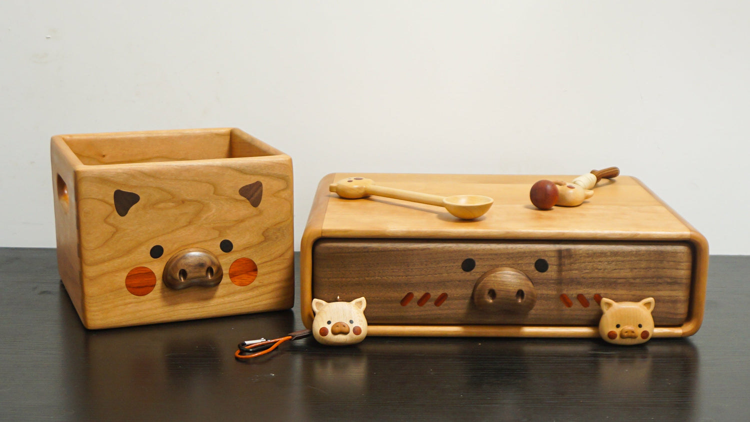 Pipimu Piggy Family handmade wooden pig collection including fridge magnets, figurines, keychains, and drawers