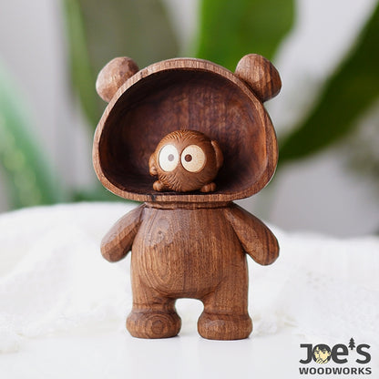 Wooden bear scoop with tiny owl figure sitting inside – charming gift decor
