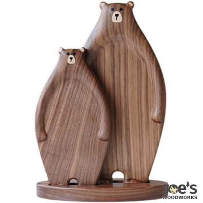 Hand-carved walnut bear trays on display stand – cute wooden decor