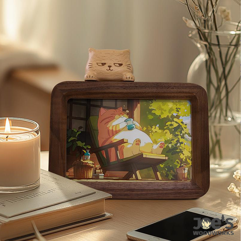 Cat-themed wood photo frame beside a candle and flower vase.