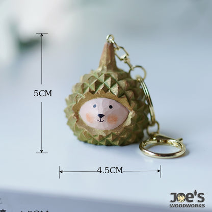 Size reference of durian animal wood keychain: 5cm by 4.5cm