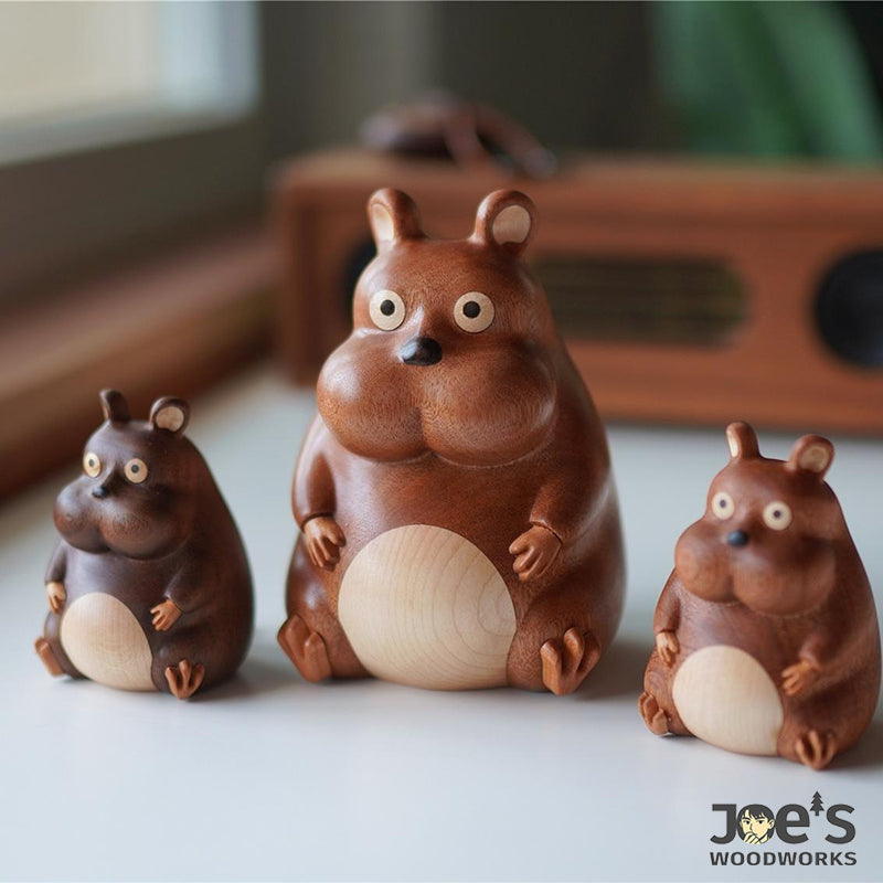 Set of three wooden chipmunk figurines, handmade by Joe’s Woodworks.